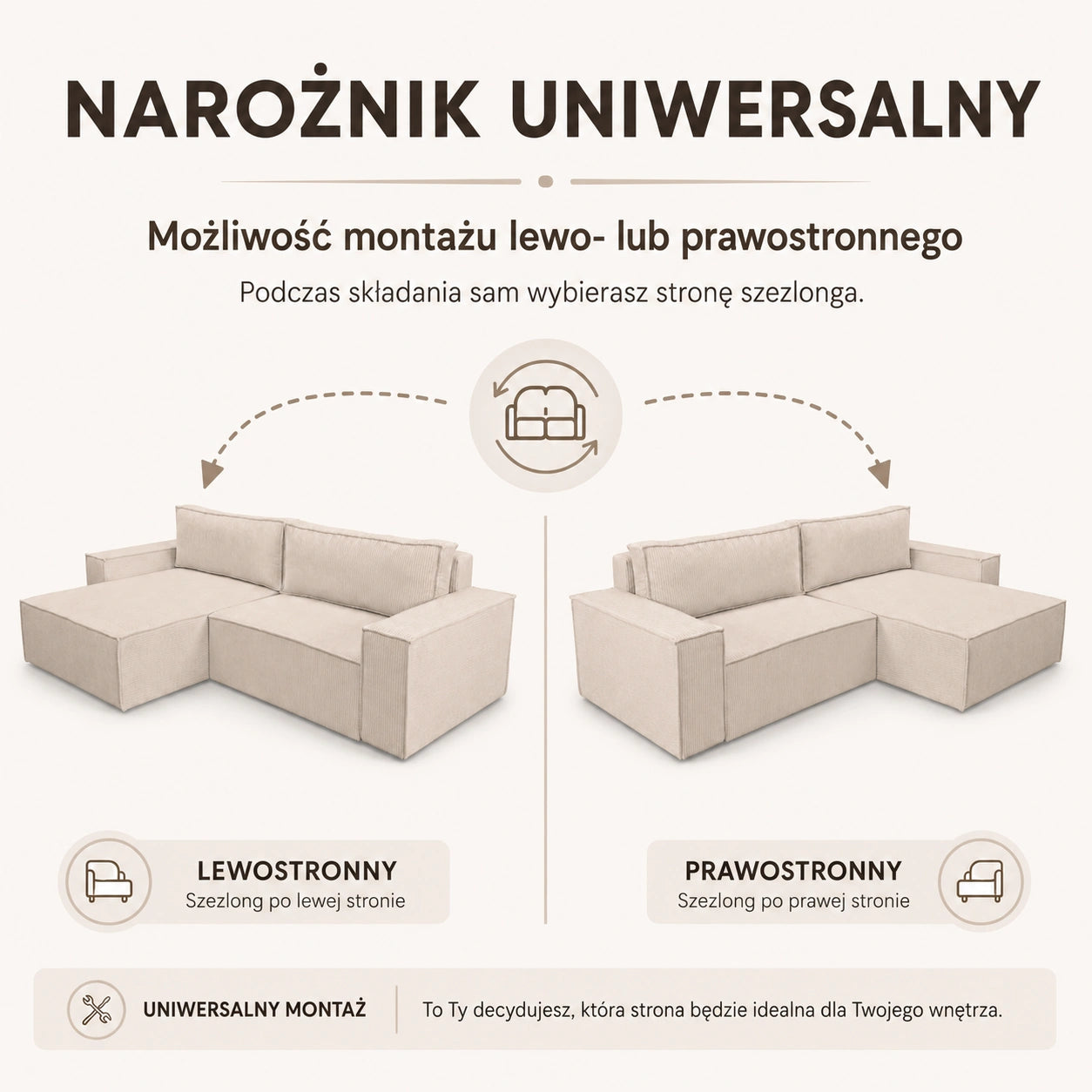 Narożnik Mono uniwersalny z funkcją spania i pojemnikiem – 245 cm