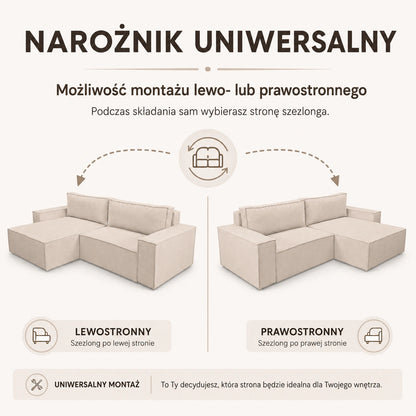 Narożnik Mono uniwersalny z funkcją spania i pojemnikiem – 245 cm