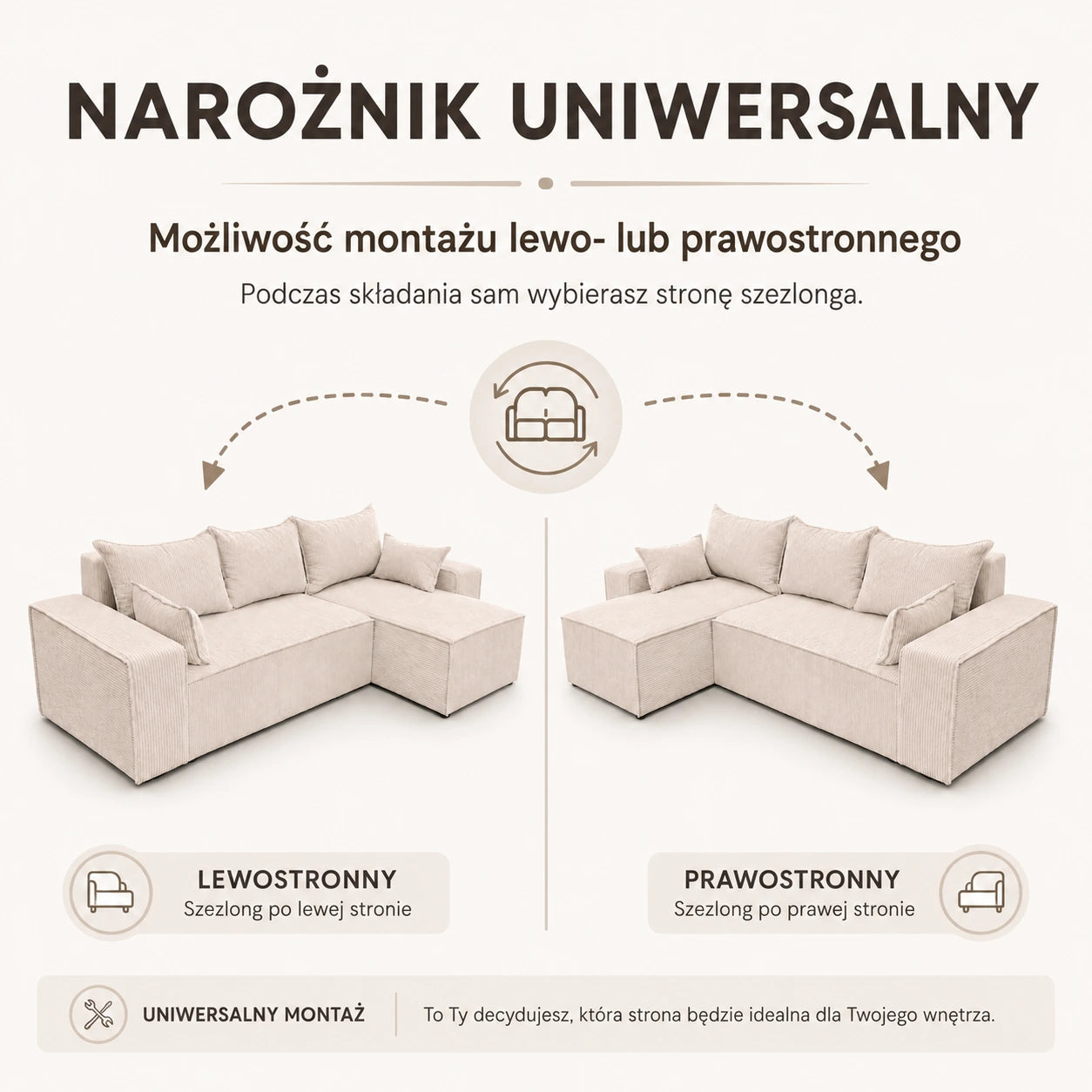 Narożnik tapicerowany NEXO – uniwersalny, z funkcją spania i pojemnikiem, sztruks
