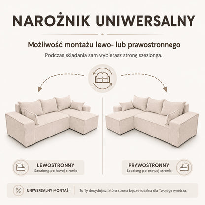 Narożnik tapicerowany NEXO – uniwersalny, z funkcją spania i pojemnikiem, sztruks
