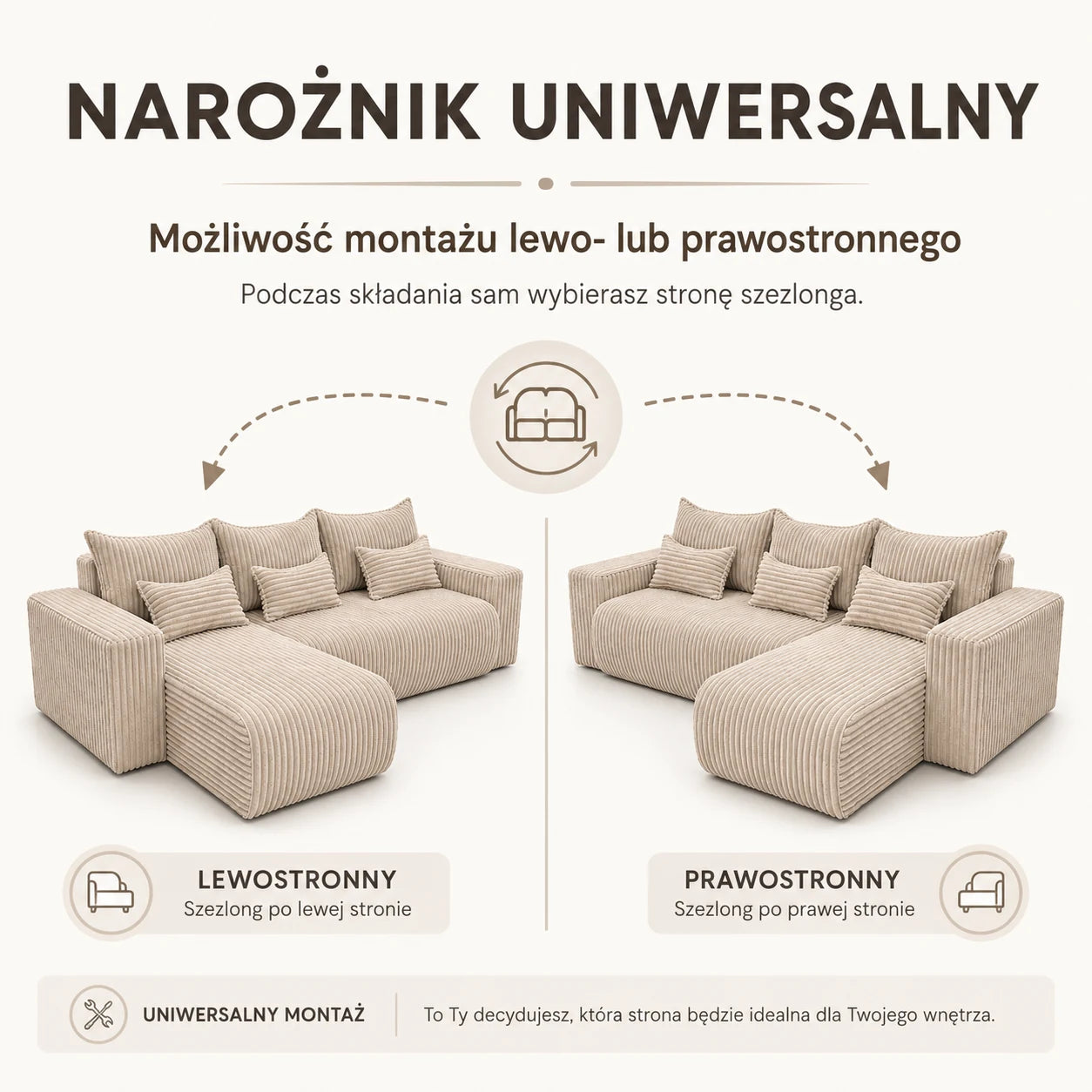 Narożnik SENSO L wolnostojący – funkcja spania, pojemnik na pościel, Poso