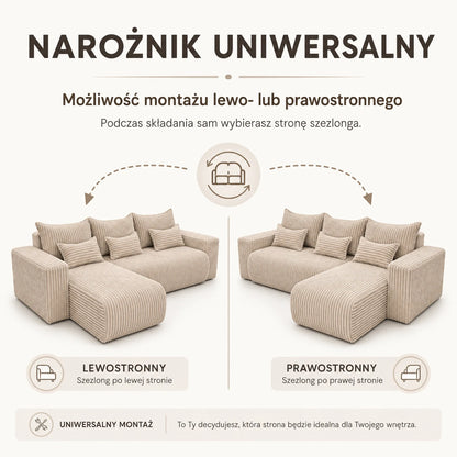 Narożnik SENSO L wolnostojący – funkcja spania, pojemnik na pościel, Poso