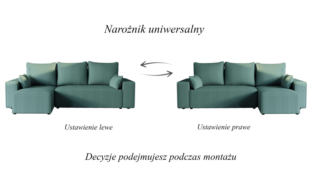 Narożnik tapicerowany NEXO – uniwersalny, z funkcją spania i pojemnikiem