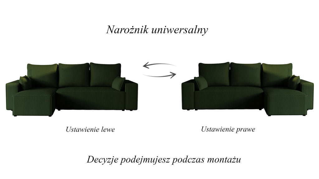Narożnik tapicerowany NEXO – uniwersalny, z funkcją spania i pojemnikiem