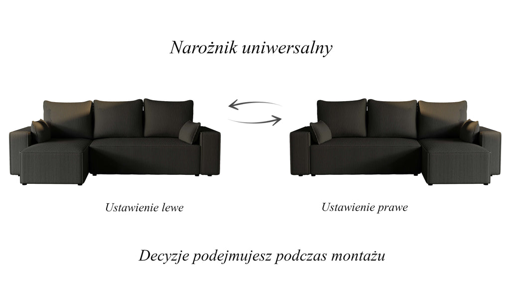 Narożnik tapicerowany NEXO – uniwersalny, z funkcją spania i pojemnikiem