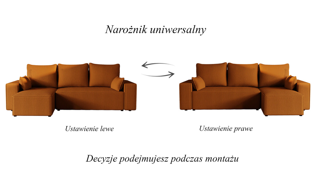 Narożnik tapicerowany NEXO – uniwersalny, z funkcją spania i pojemnikiem