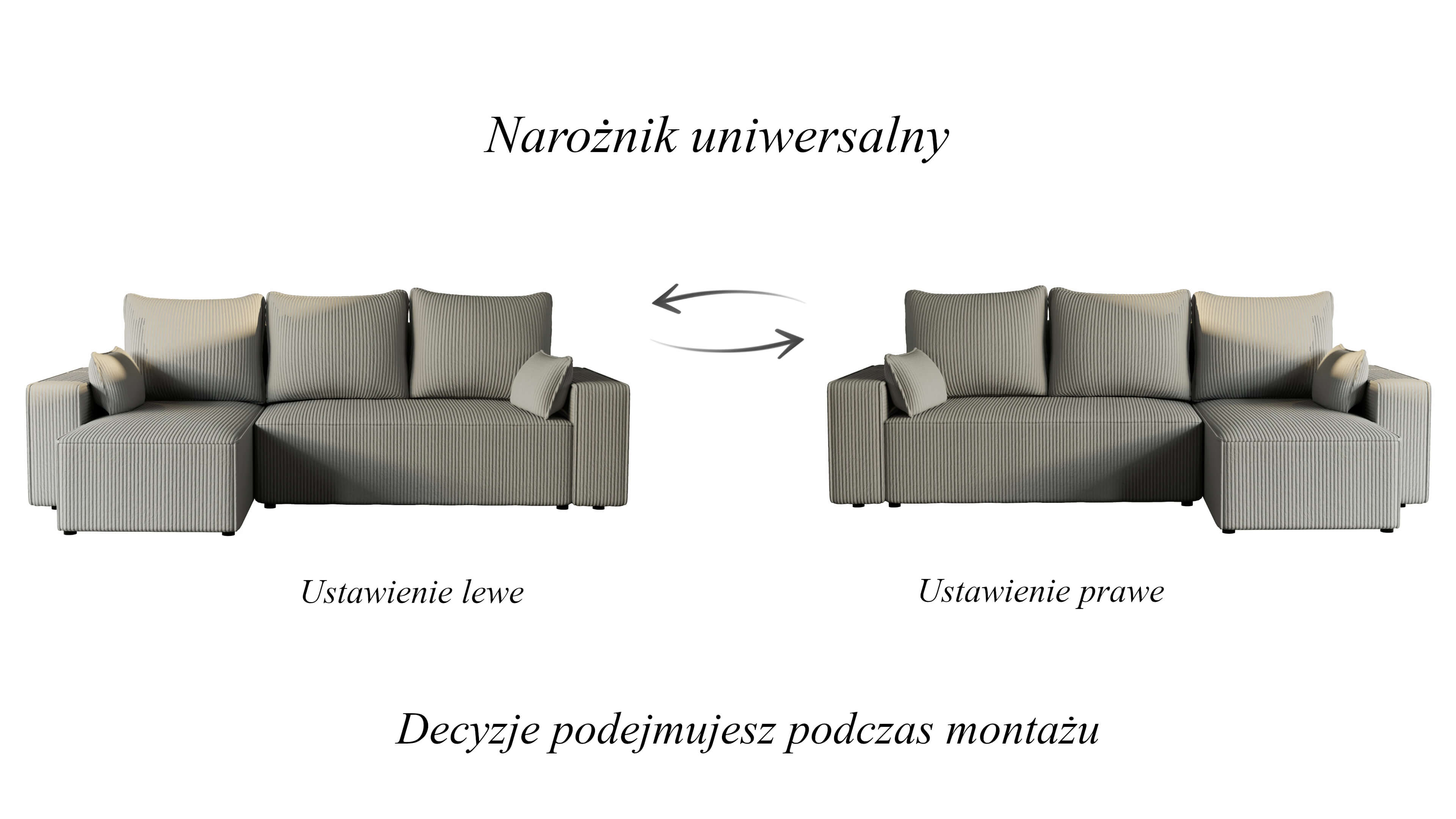 Narożnik tapicerowany NEXO – uniwersalny, z funkcją spania i pojemnikiem