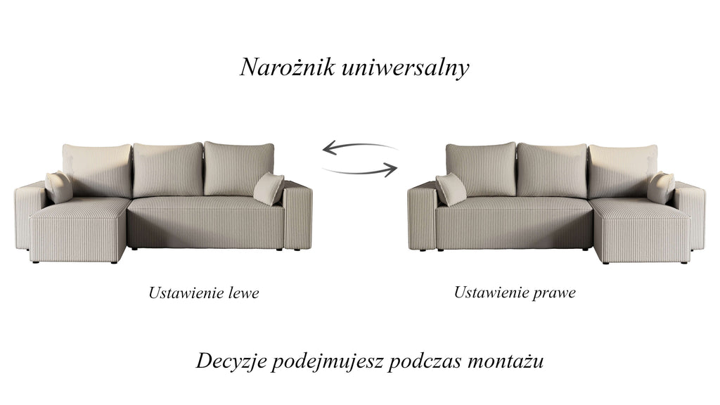 Narożnik tapicerowany NEXO – uniwersalny, z funkcją spania i pojemnikiem