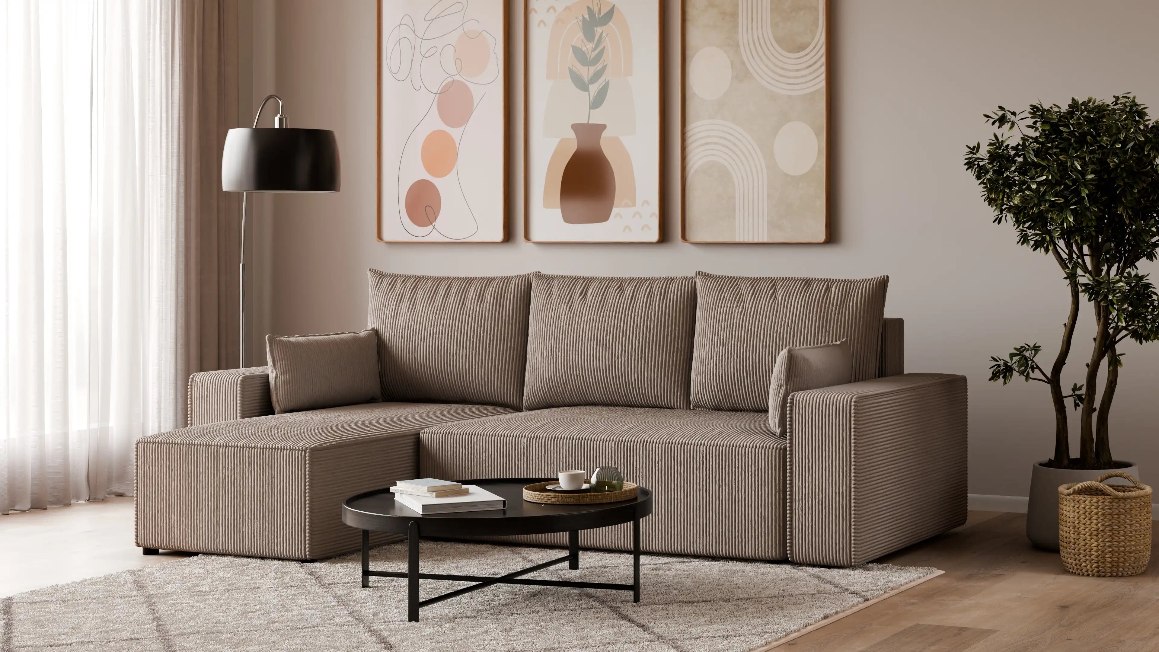 Narożnik tapicerowany NEXO – uniwersalny, z funkcją spania i pojemnikiem