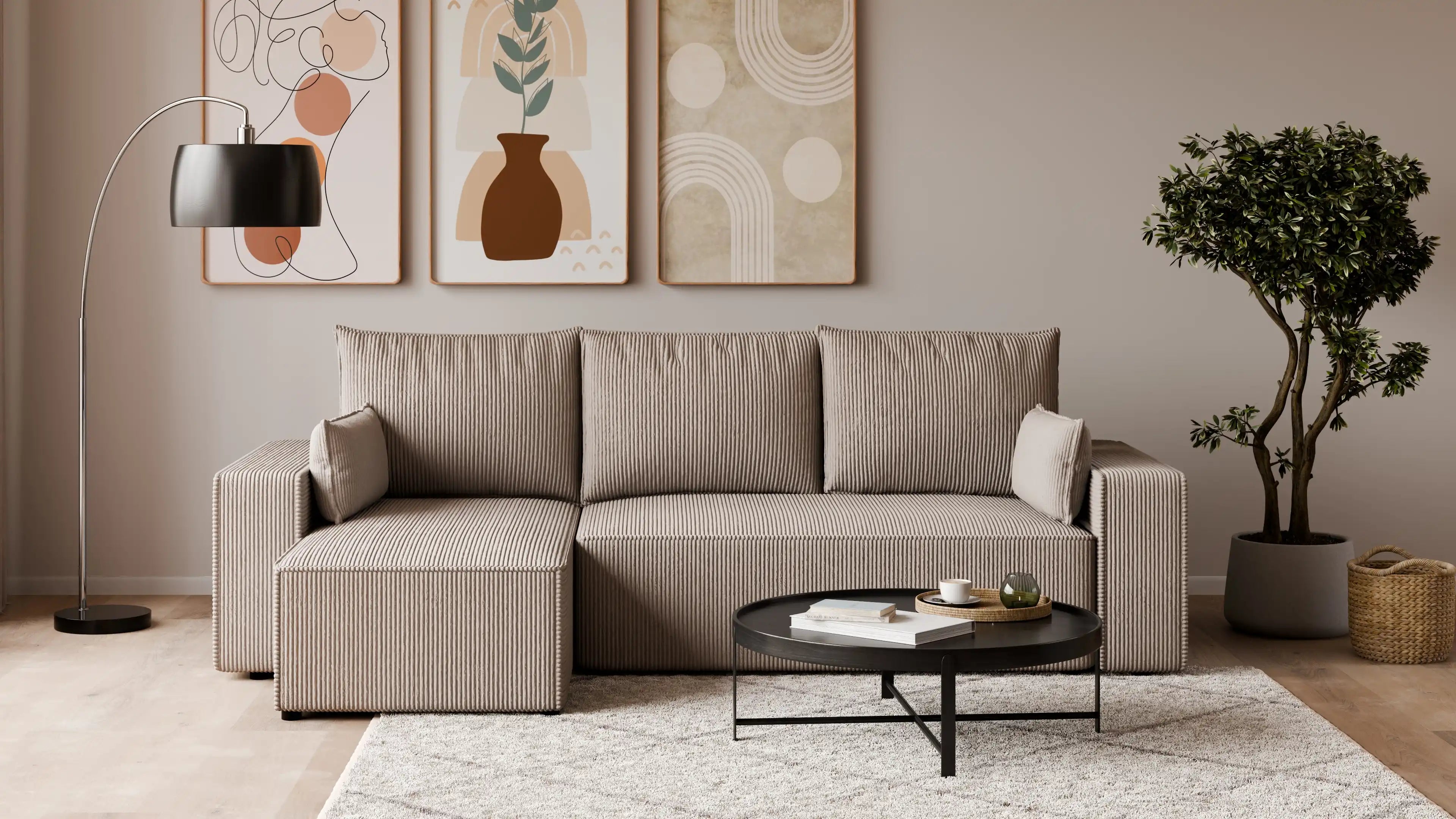 Narożnik tapicerowany NEXO – uniwersalny, z funkcją spania i pojemnikiem