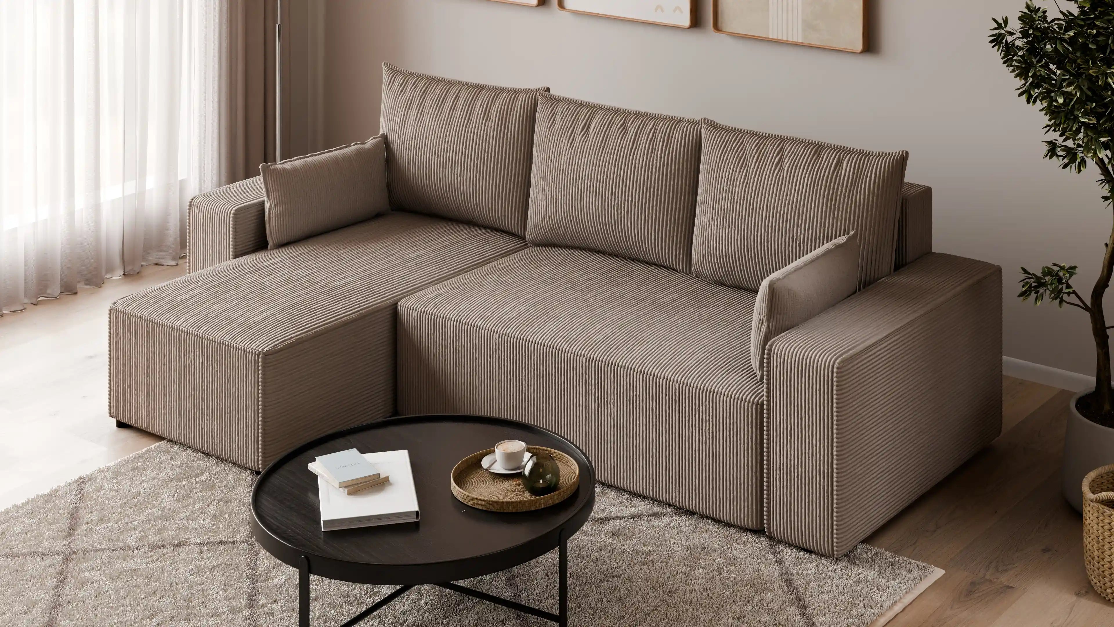 Narożnik tapicerowany NEXO – uniwersalny, z funkcją spania i pojemnikiem