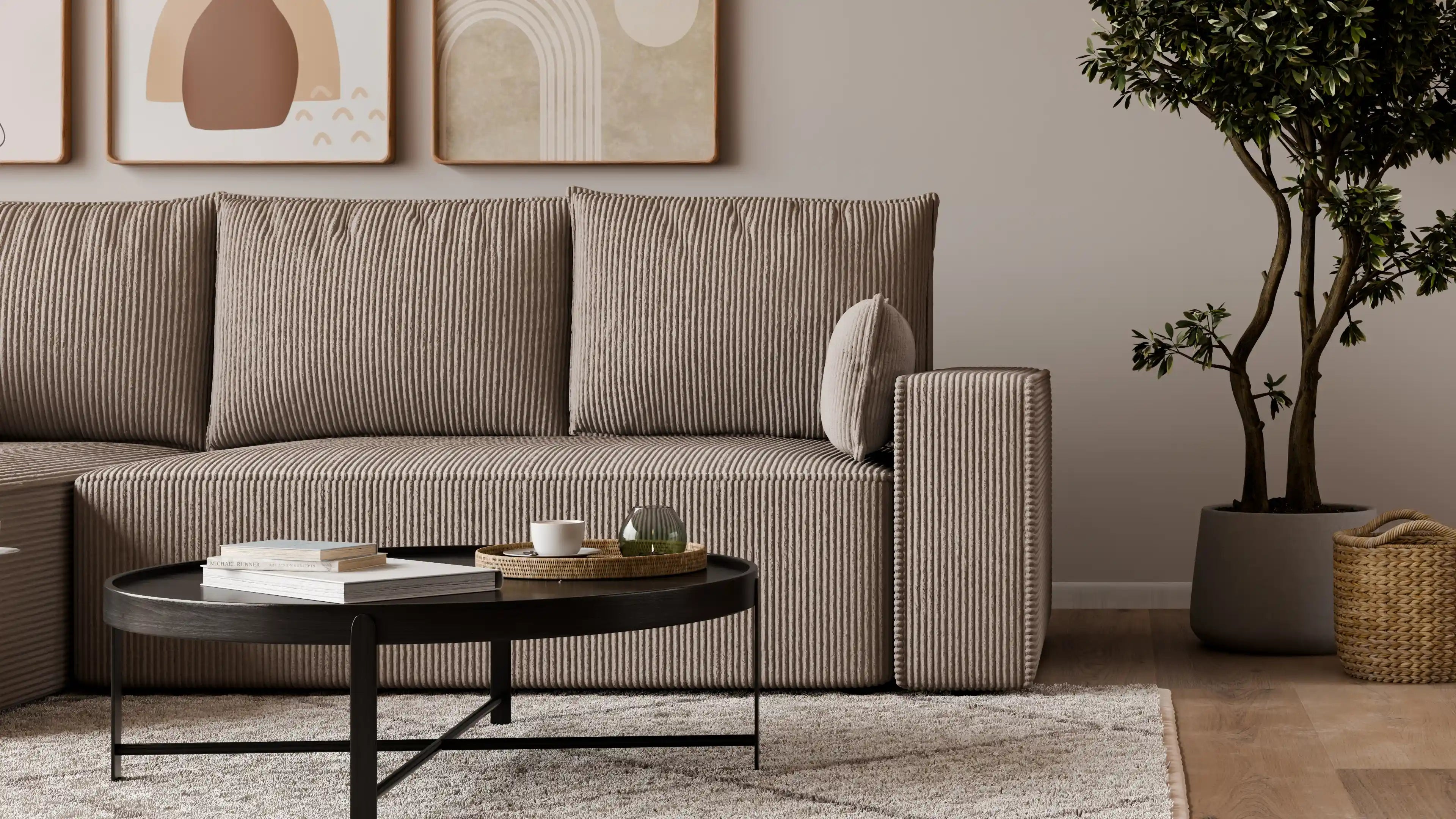 Narożnik tapicerowany NEXO – uniwersalny, z funkcją spania i pojemnikiem