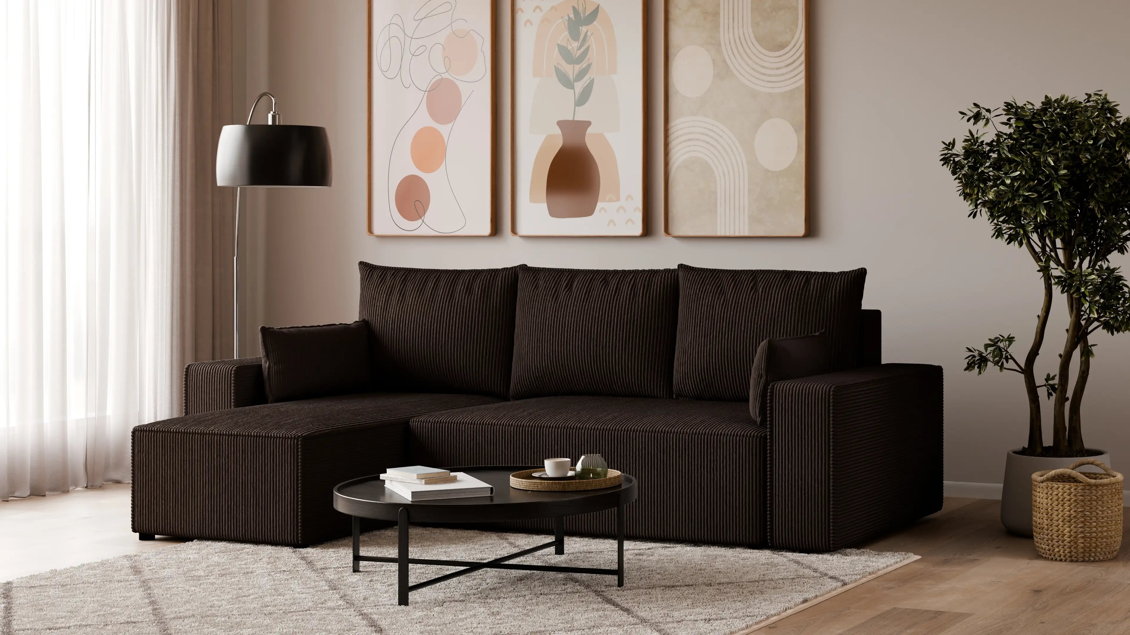 Narożnik tapicerowany NEXO – uniwersalny, z funkcją spania i pojemnikiem