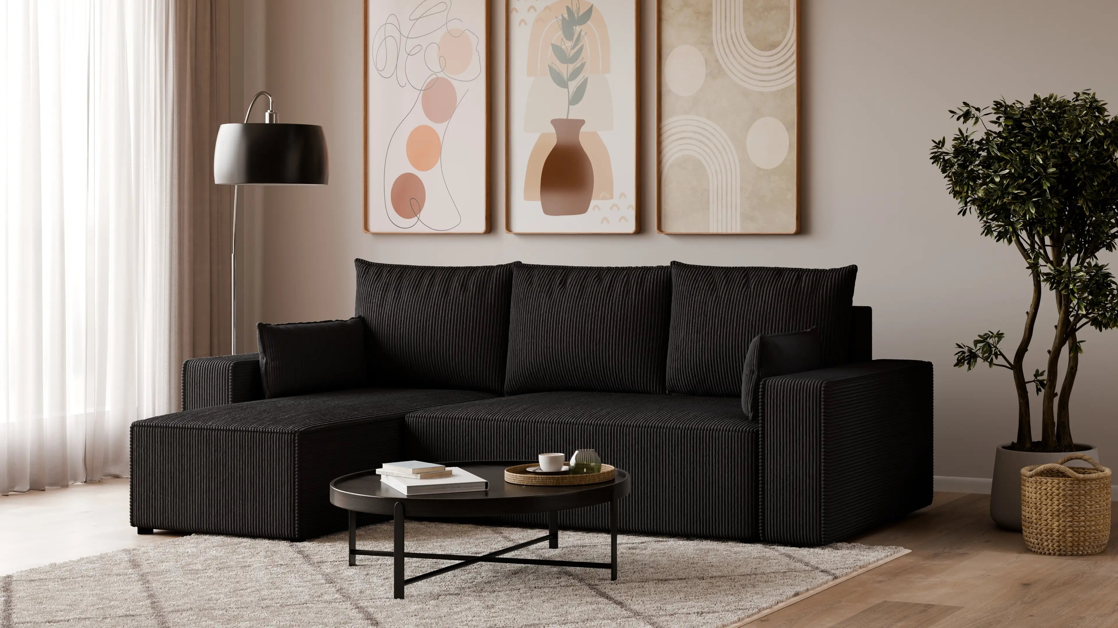 Narożnik tapicerowany NEXO – uniwersalny, z funkcją spania i pojemnikiem