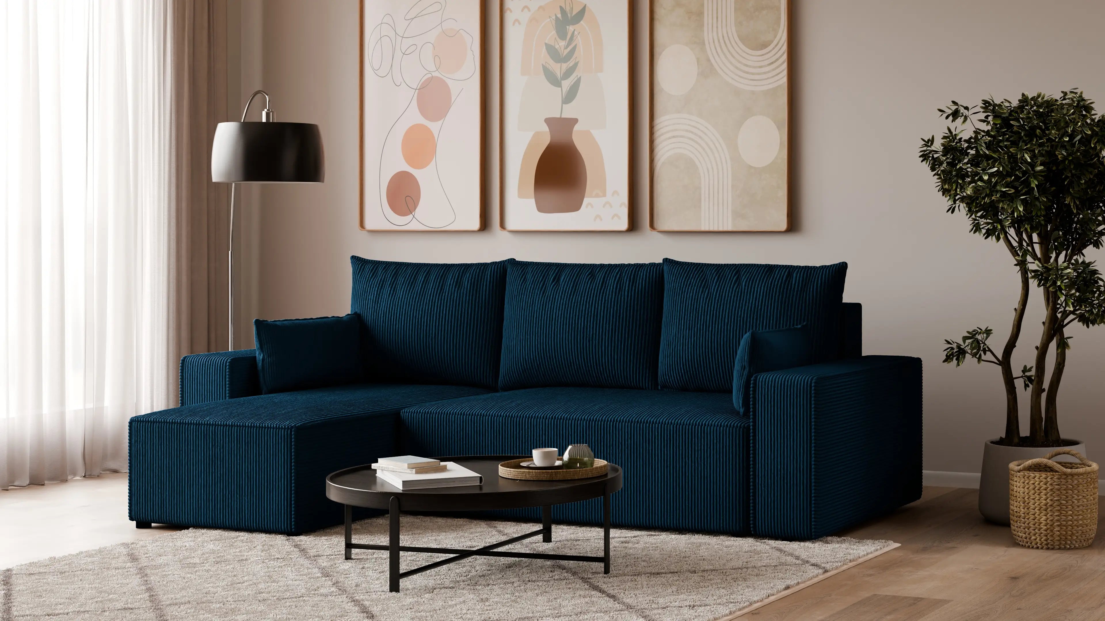 Narożnik tapicerowany NEXO – uniwersalny, z funkcją spania i pojemnikiem