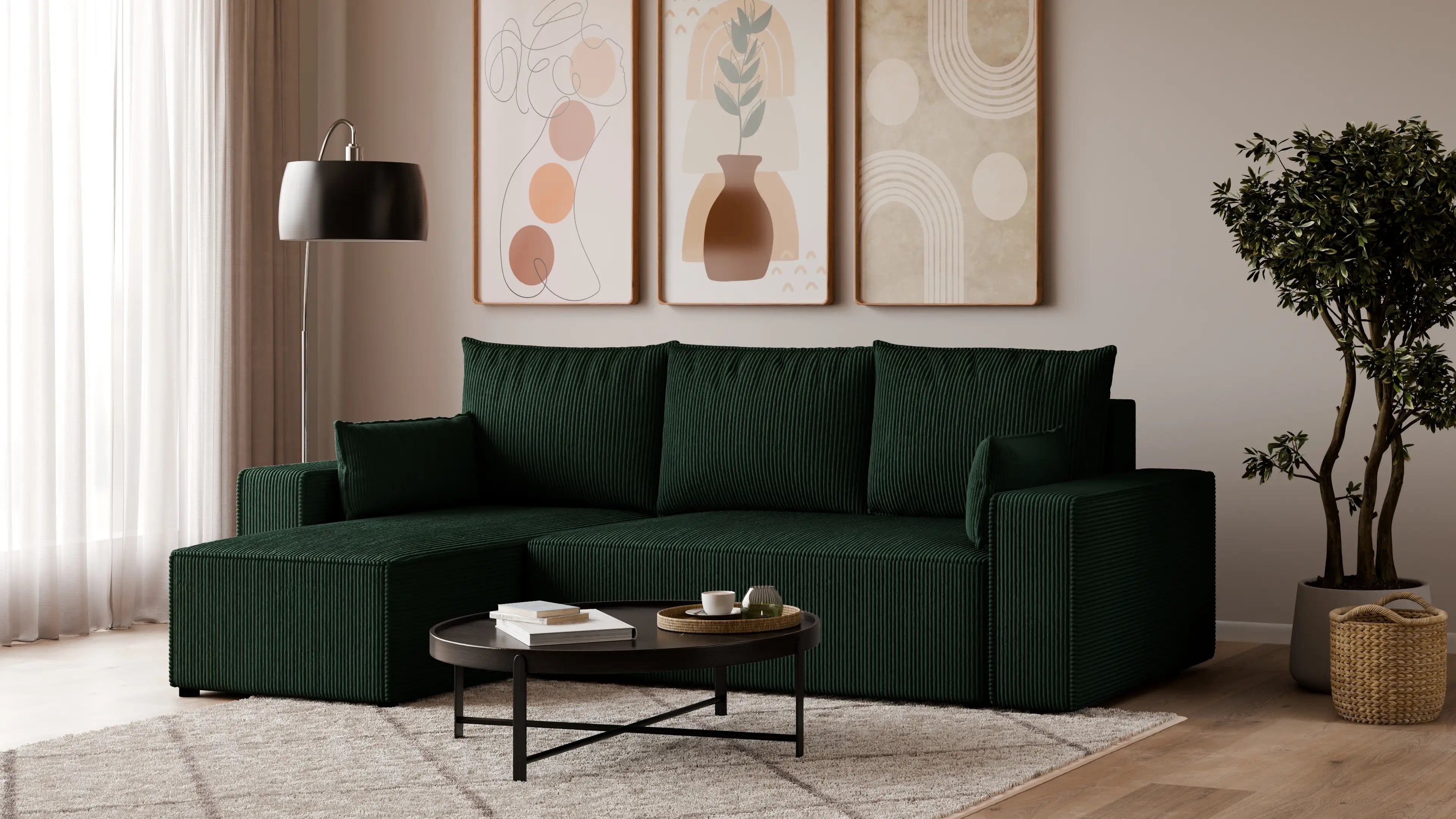 Narożnik tapicerowany NEXO – uniwersalny, z funkcją spania i pojemnikiem