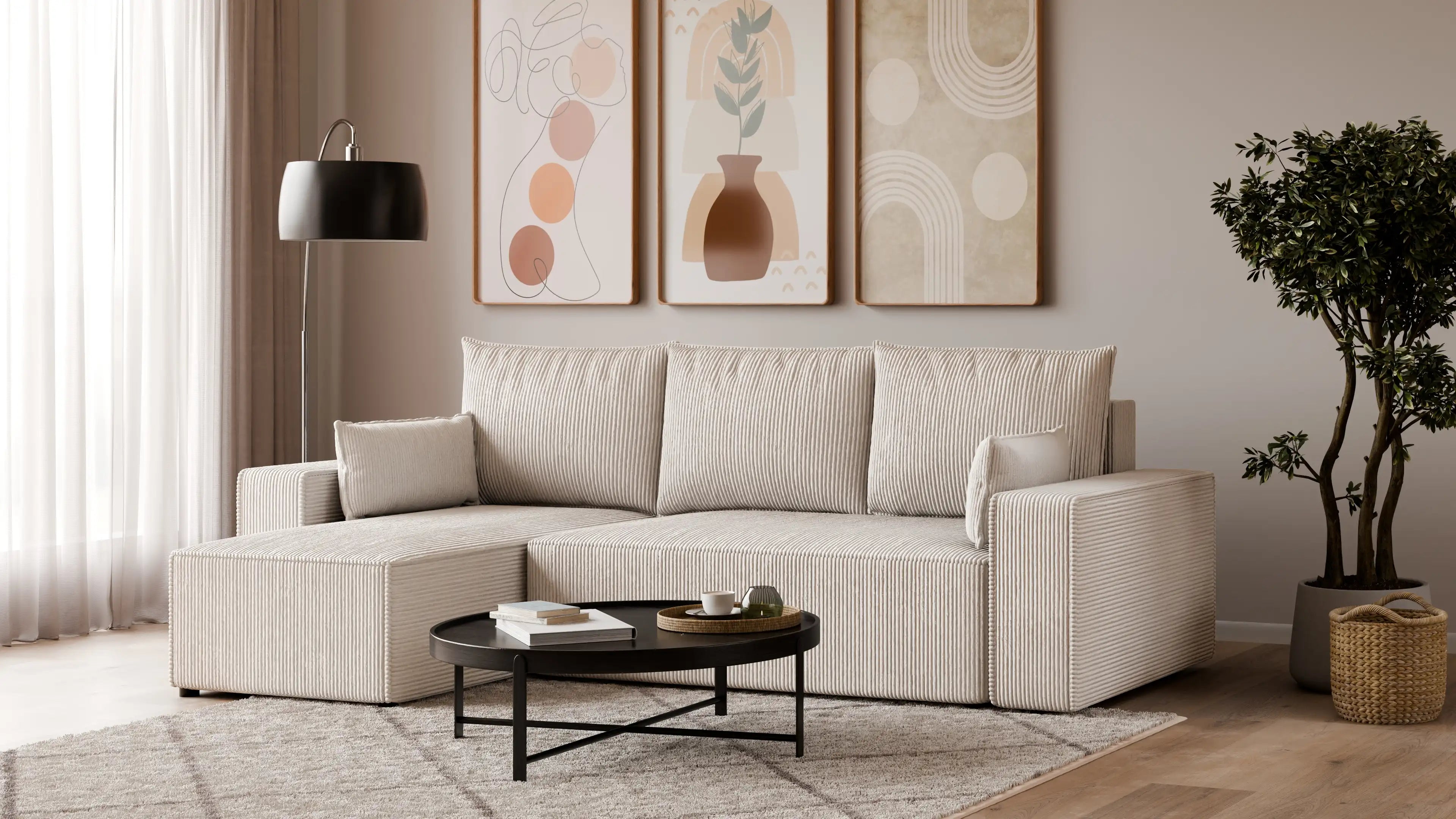 Narożnik tapicerowany NEXO – uniwersalny, z funkcją spania i pojemnikiem