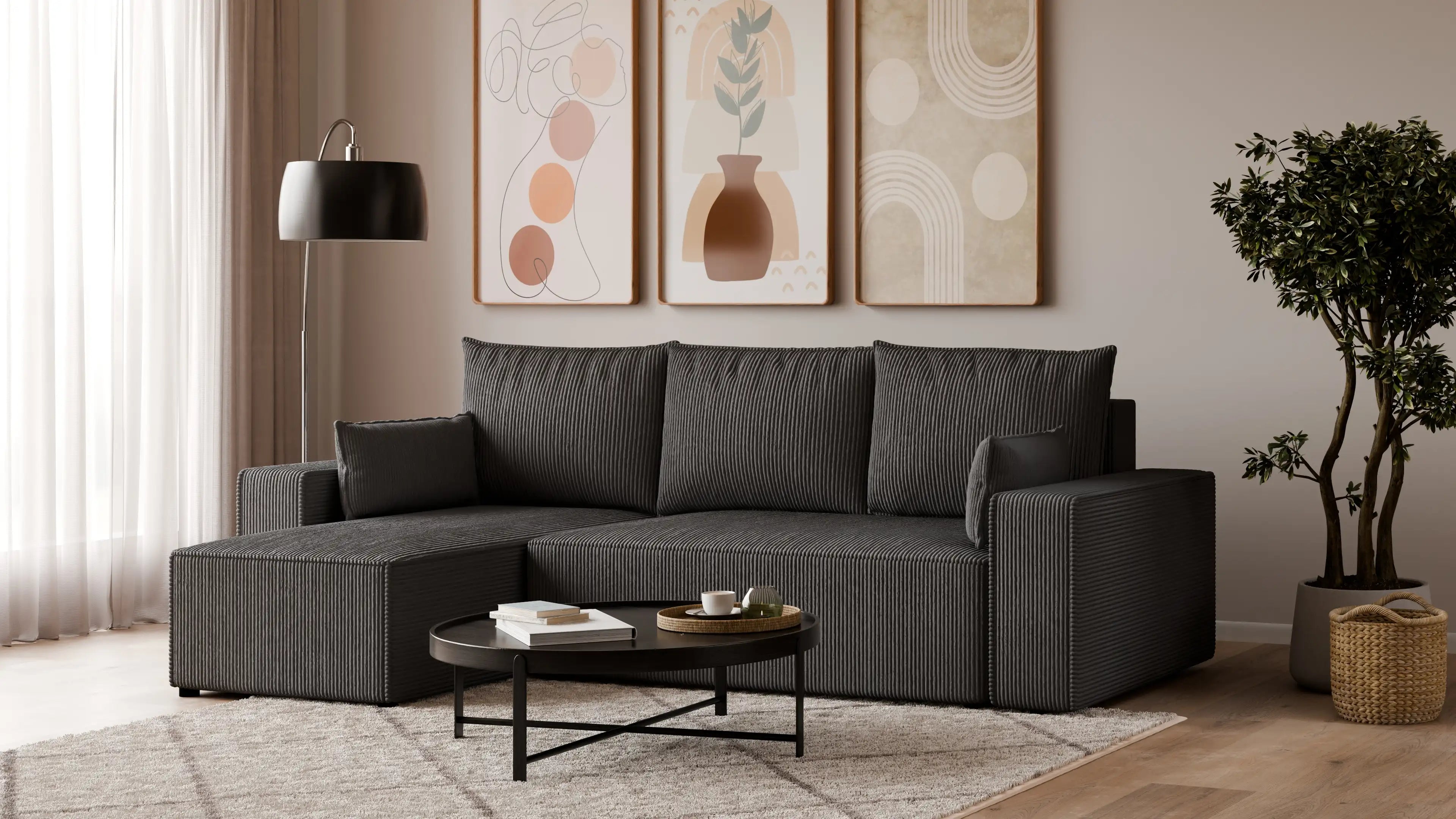 Narożnik tapicerowany NEXO – uniwersalny, z funkcją spania i pojemnikiem