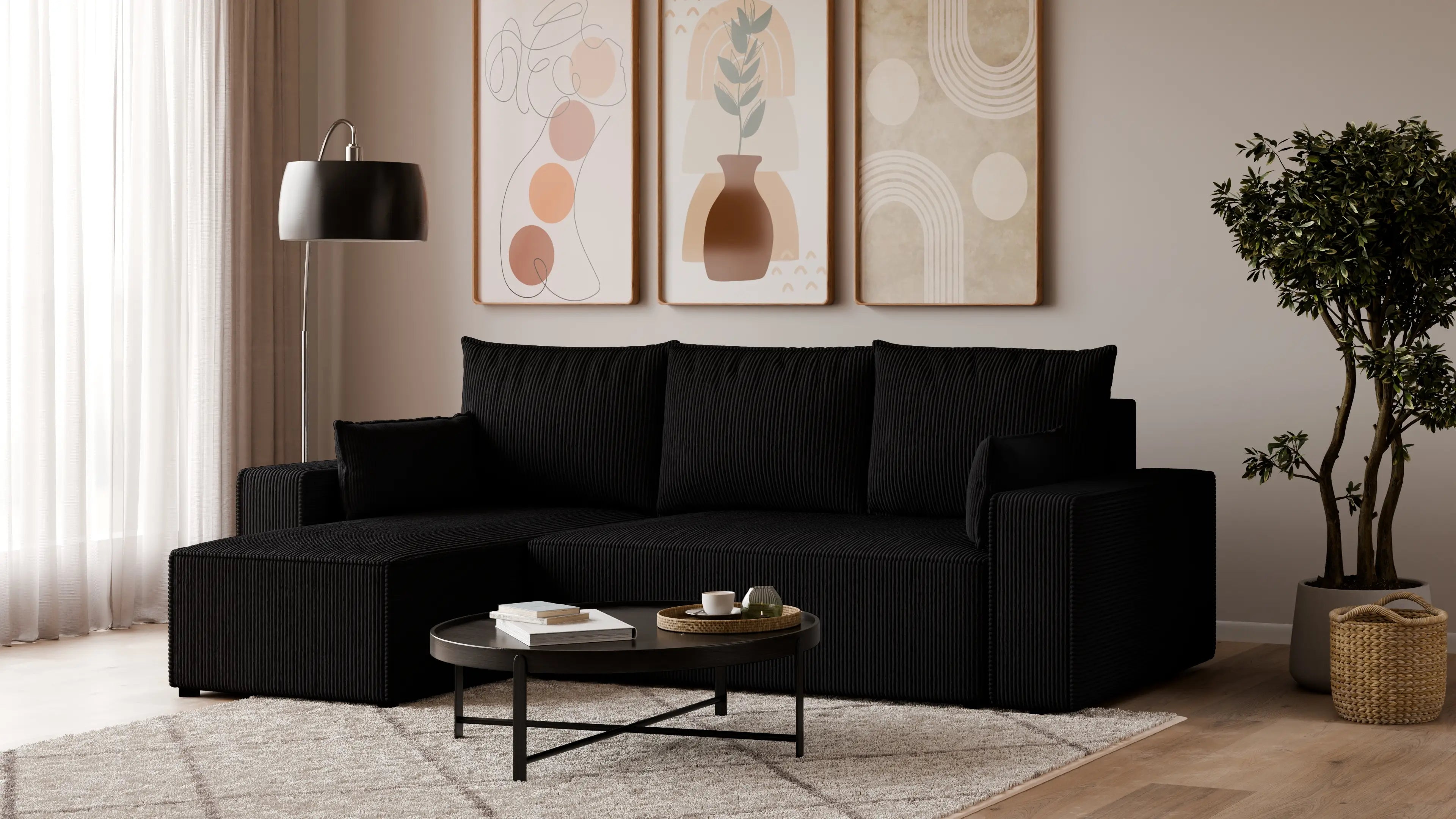 Narożnik tapicerowany NEXO – uniwersalny, z funkcją spania i pojemnikiem