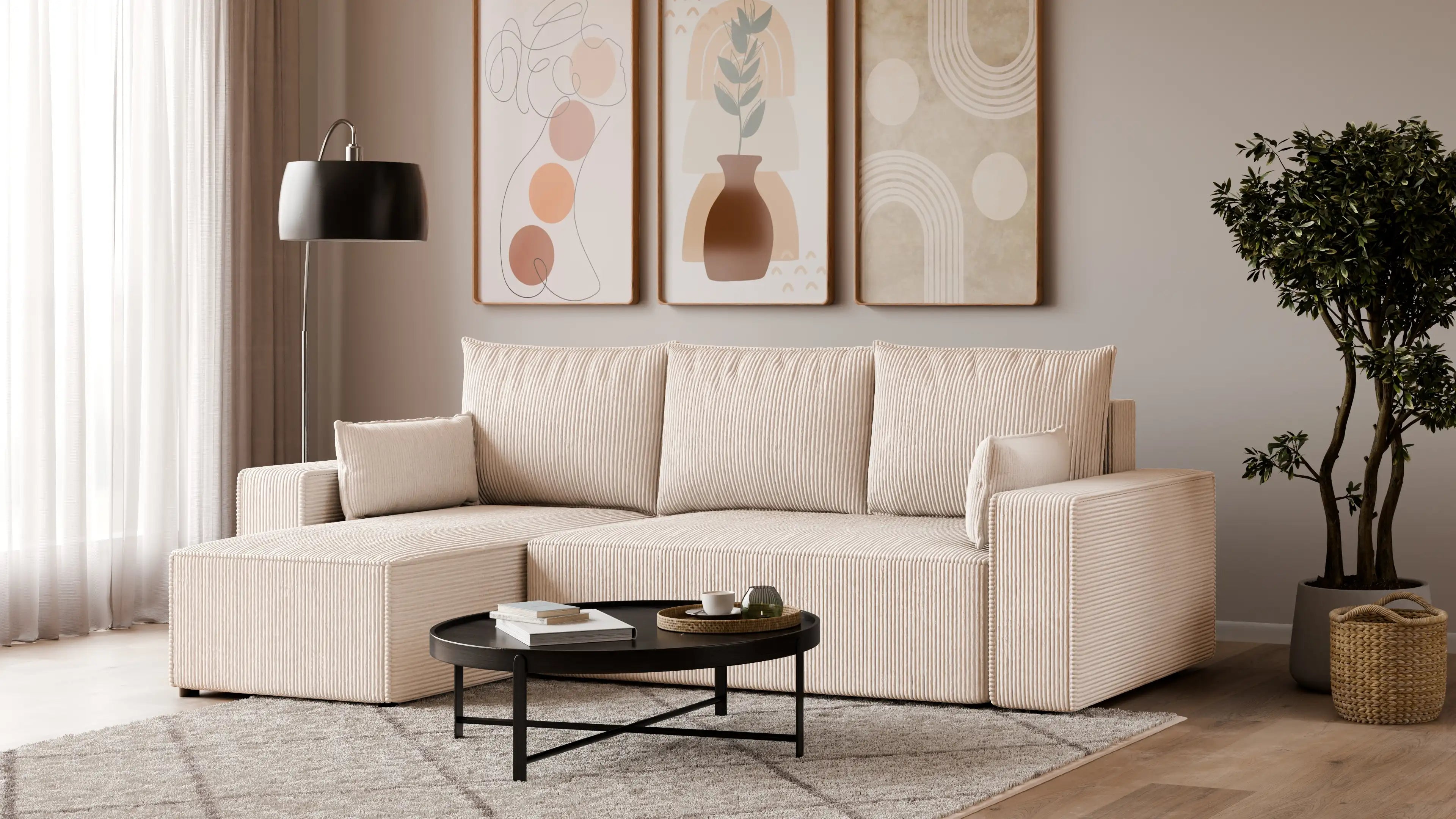 Narożnik tapicerowany NEXO – uniwersalny, z funkcją spania i pojemnikiem