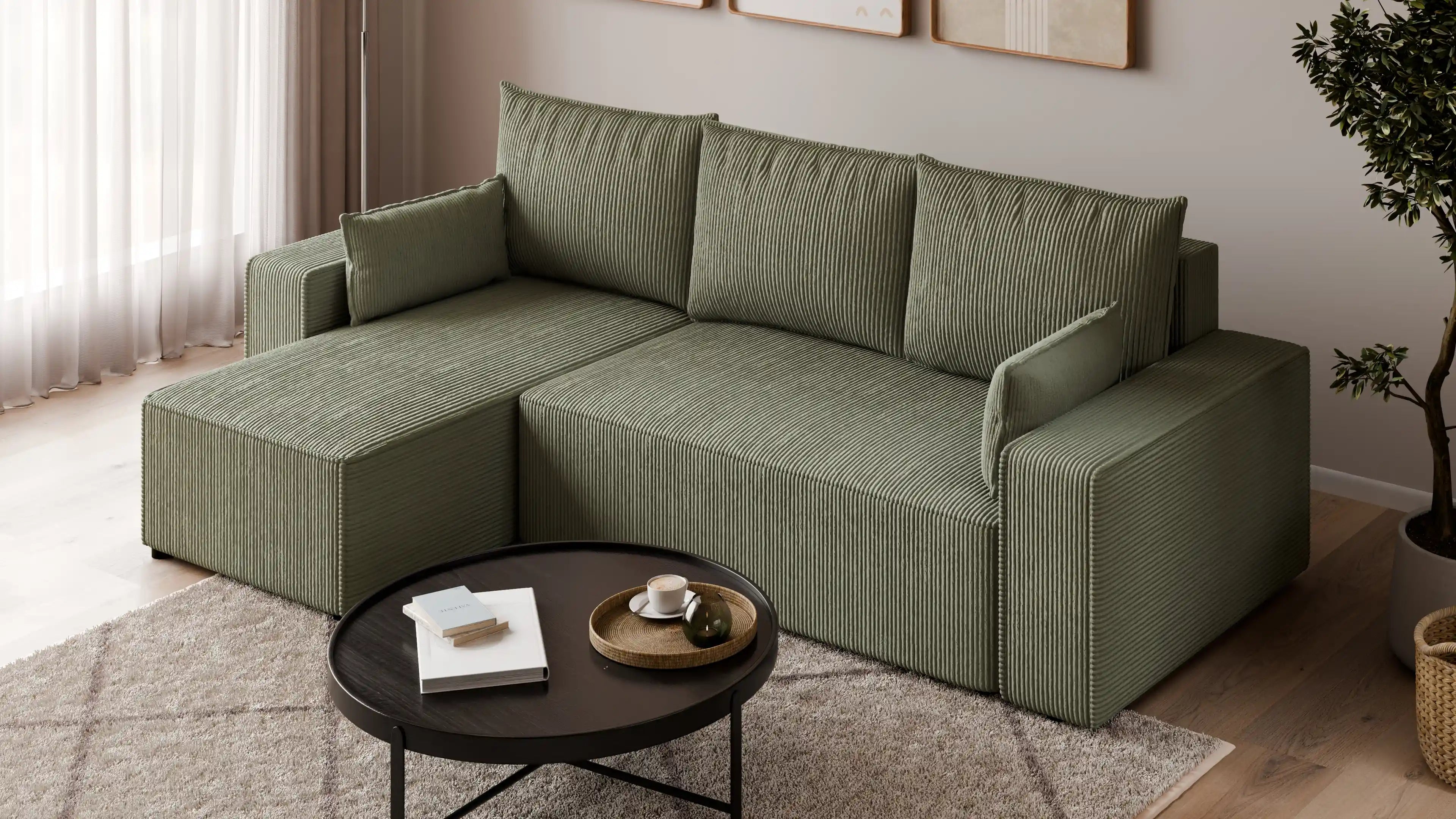 Narożnik tapicerowany NEXO – uniwersalny, z funkcją spania i pojemnikiem