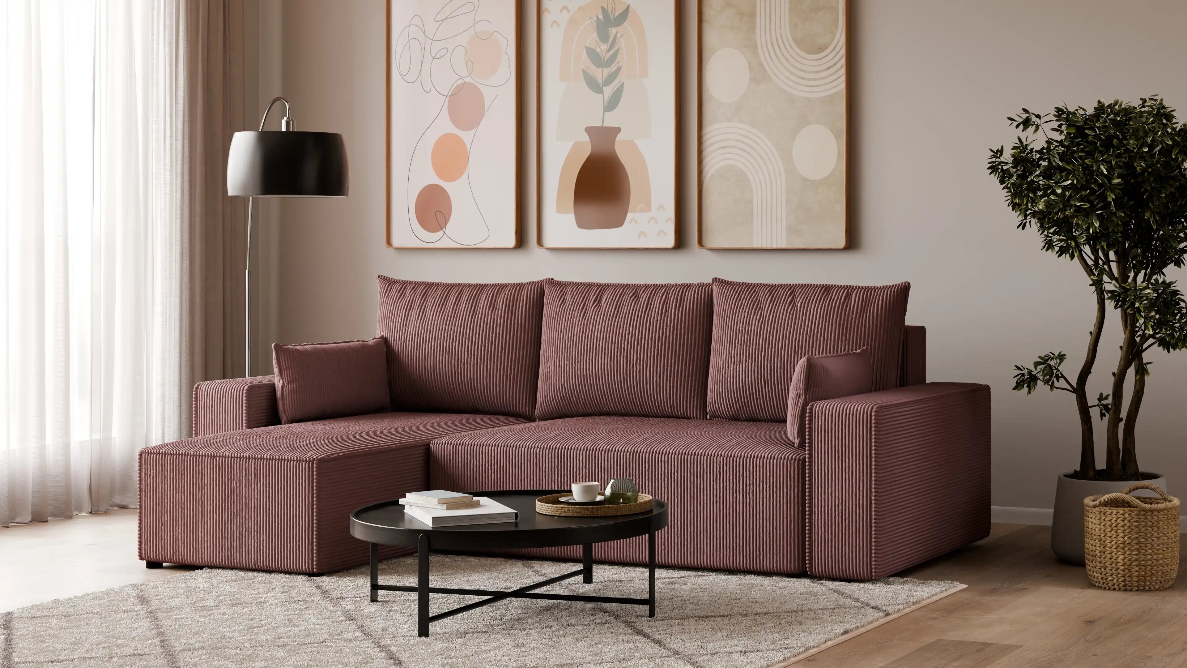 Narożnik tapicerowany NEXO – uniwersalny, z funkcją spania i pojemnikiem