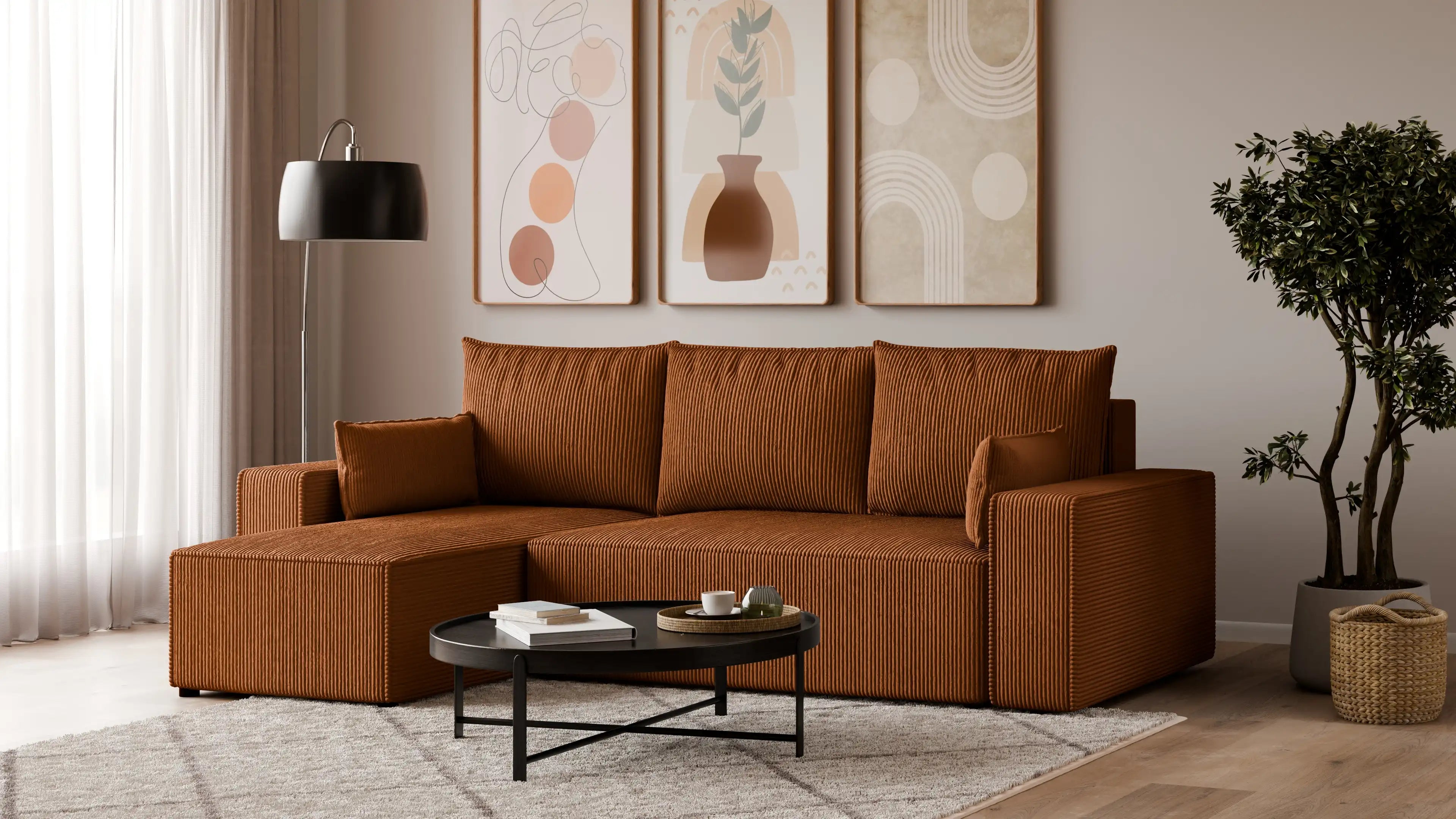 Narożnik tapicerowany NEXO – uniwersalny, z funkcją spania i pojemnikiem