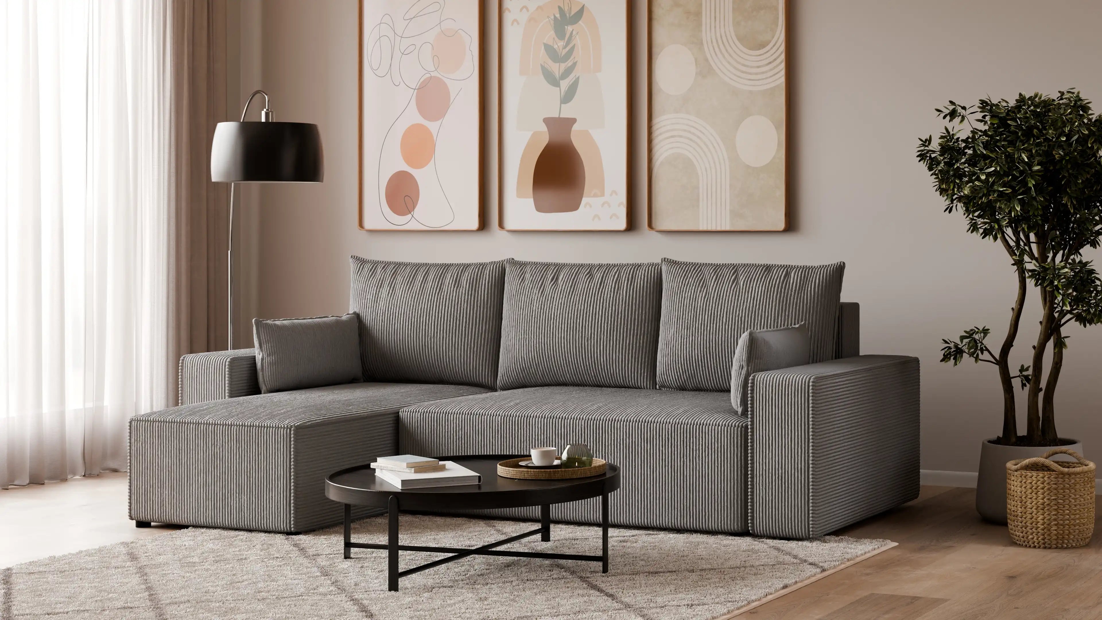 Narożnik tapicerowany NEXO – uniwersalny, z funkcją spania i pojemnikiem