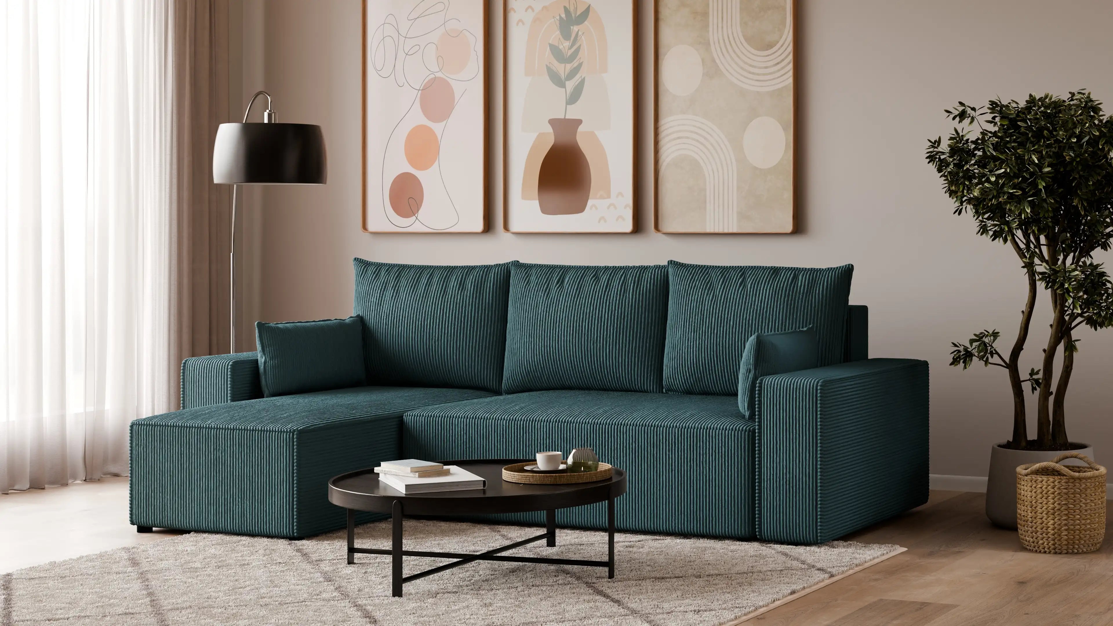 Narożnik tapicerowany NEXO – uniwersalny, z funkcją spania i pojemnikiem