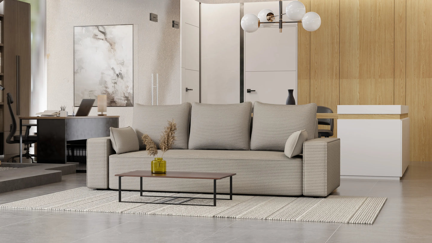Sofa Lema 3-osobowa z funkcją spania i pojemnikiem – tkanina Poso