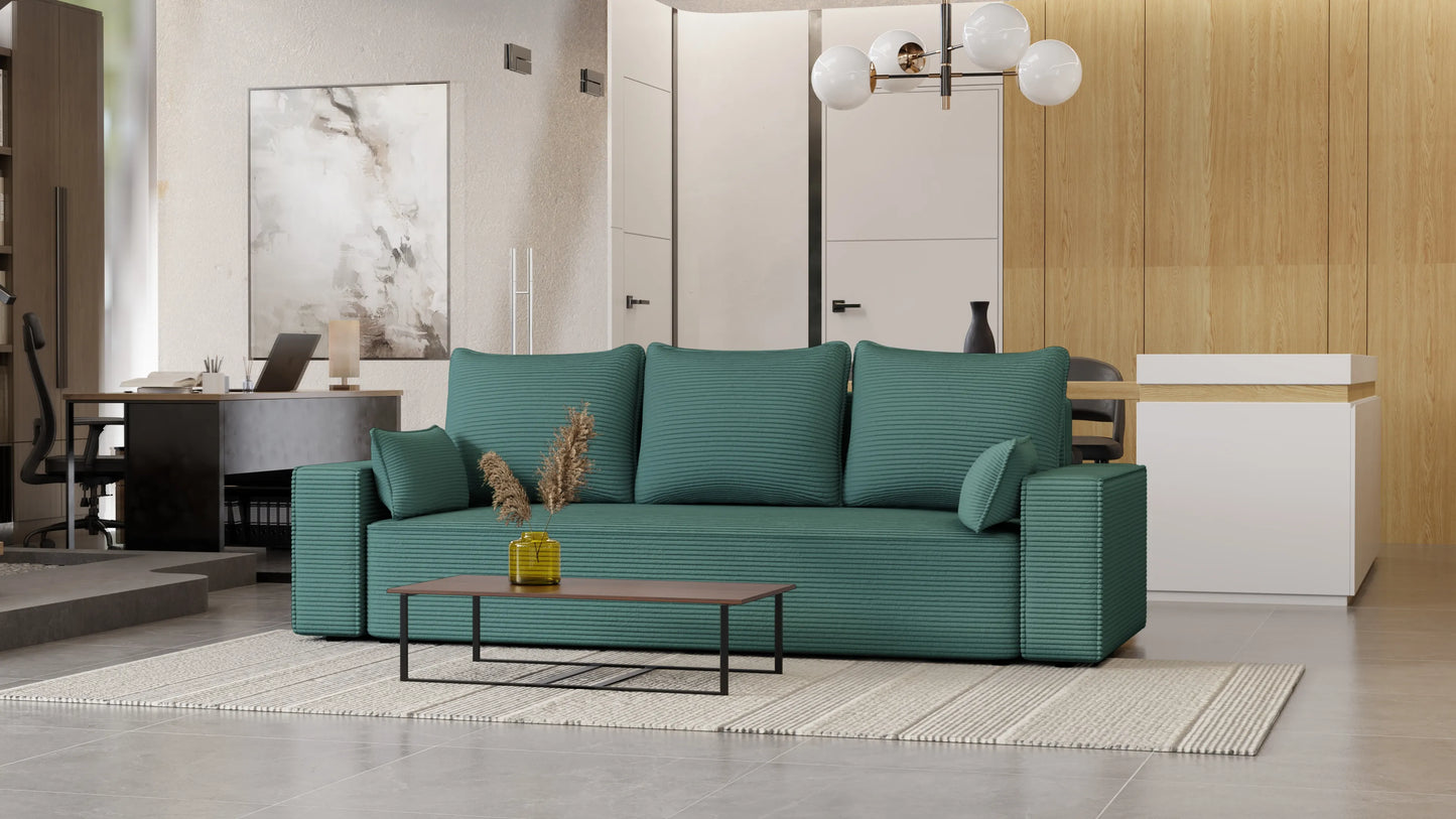 Sofa Lema 3-osobowa z funkcją spania i pojemnikiem – tkanina Poso
