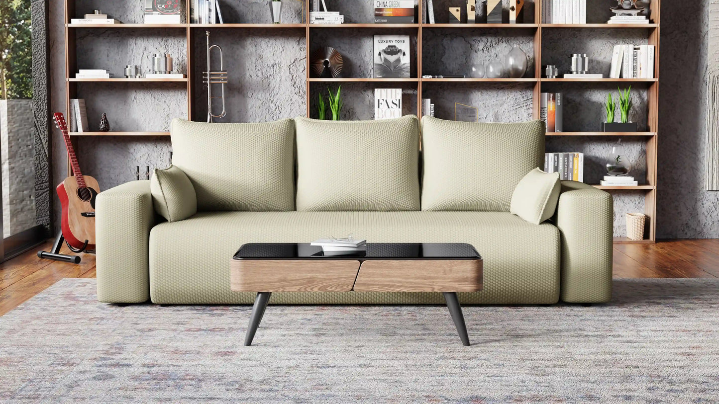 Sofa Loren 3-osobowa wolnostojąca – Onega łatwoczyszcząca, pojemnik, spanie