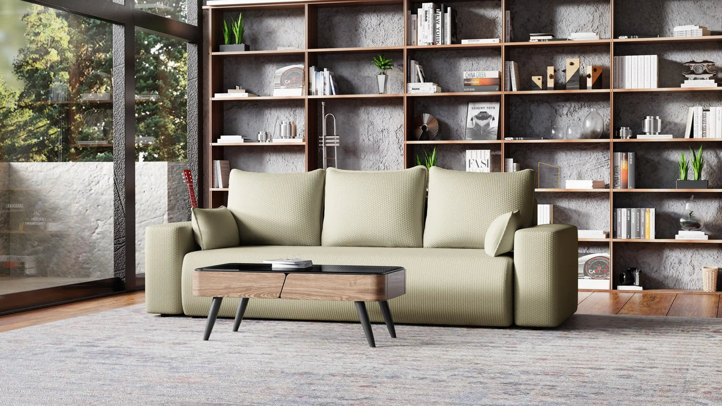 Sofa Loren 3-osobowa wolnostojąca – Onega łatwoczyszcząca, pojemnik, spanie
