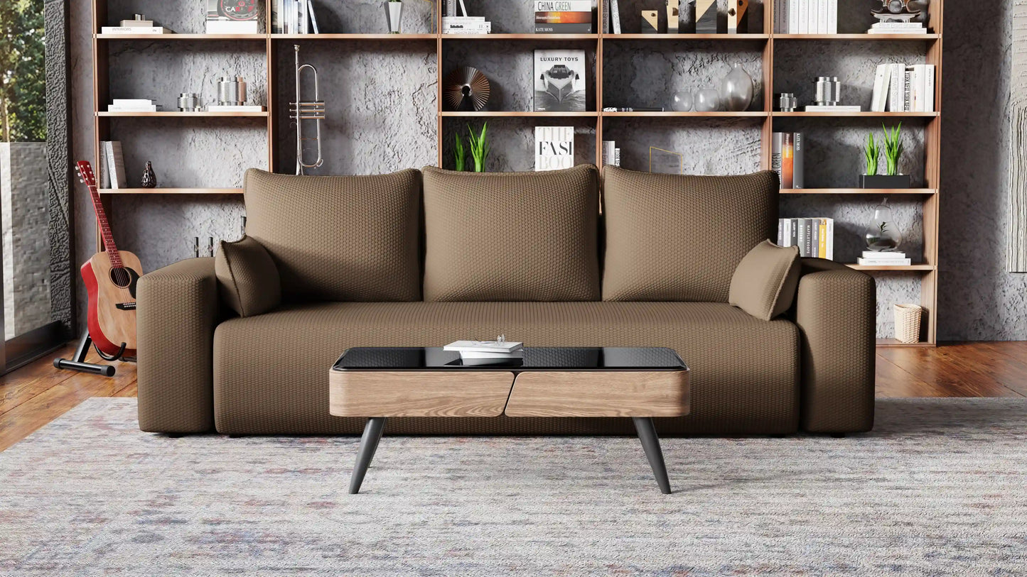 Sofa Loren 3-osobowa wolnostojąca – Onega łatwoczyszcząca, pojemnik, spanie
