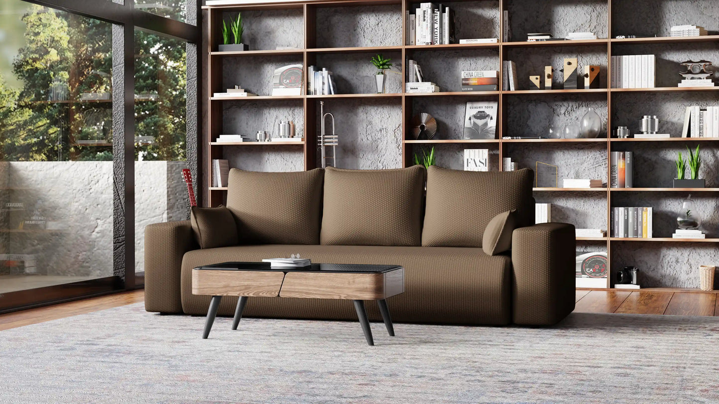 Sofa Loren 3-osobowa wolnostojąca – Onega łatwoczyszcząca, pojemnik, spanie