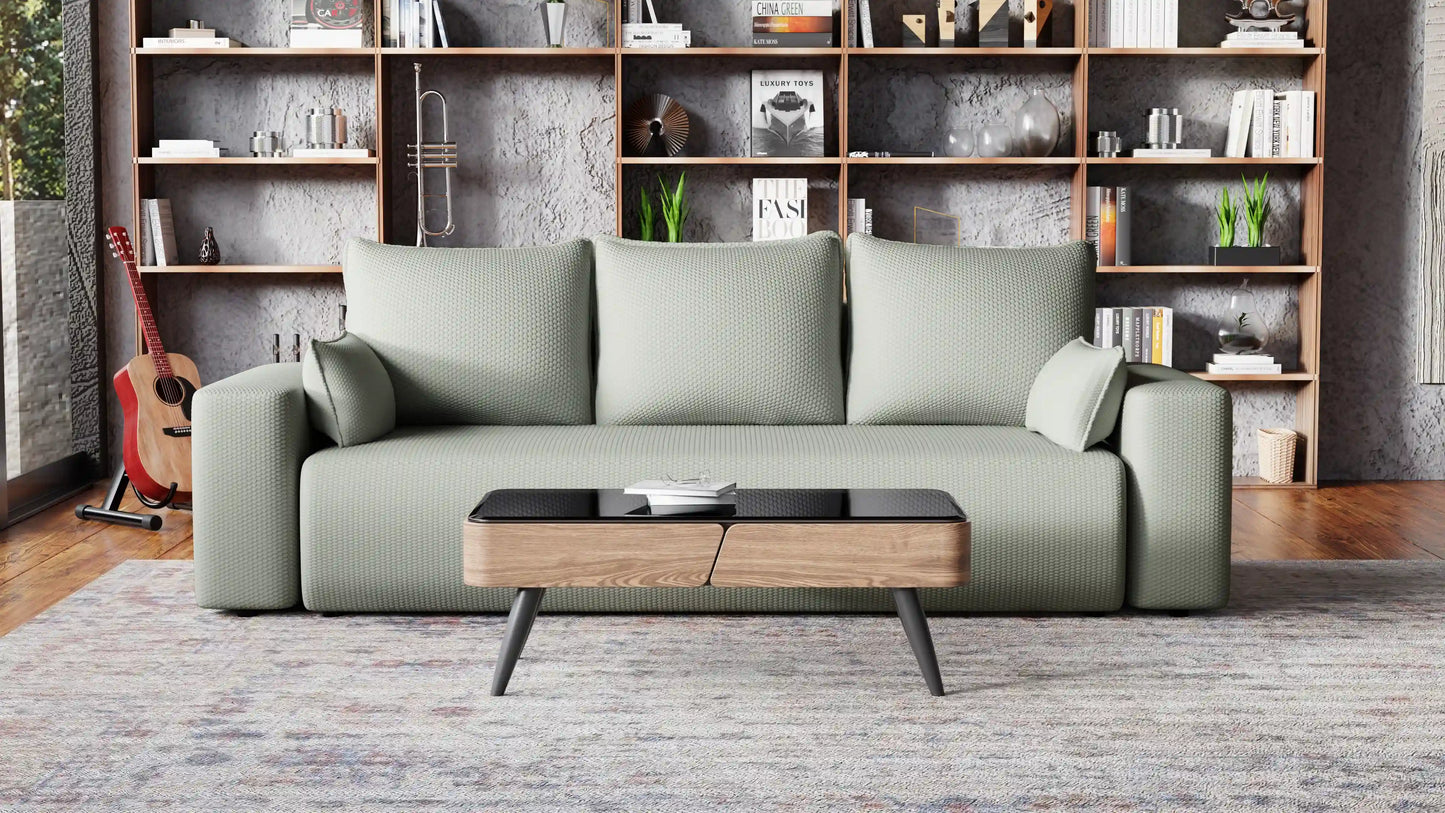 Sofa Loren 3-osobowa wolnostojąca – Onega łatwoczyszcząca, pojemnik, spanie