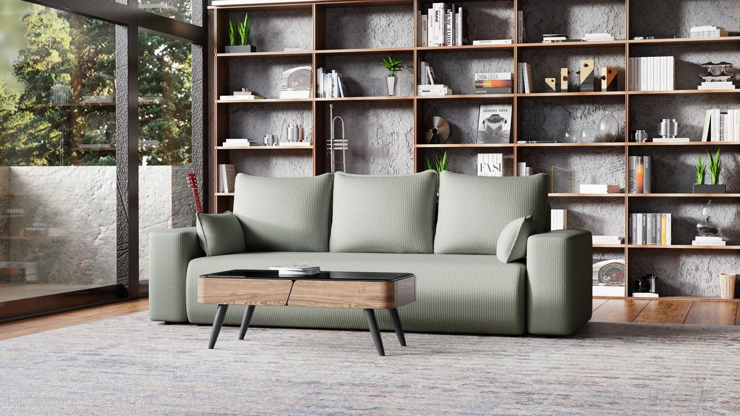 Sofa Loren 3-osobowa wolnostojąca – Onega łatwoczyszcząca, pojemnik, spanie