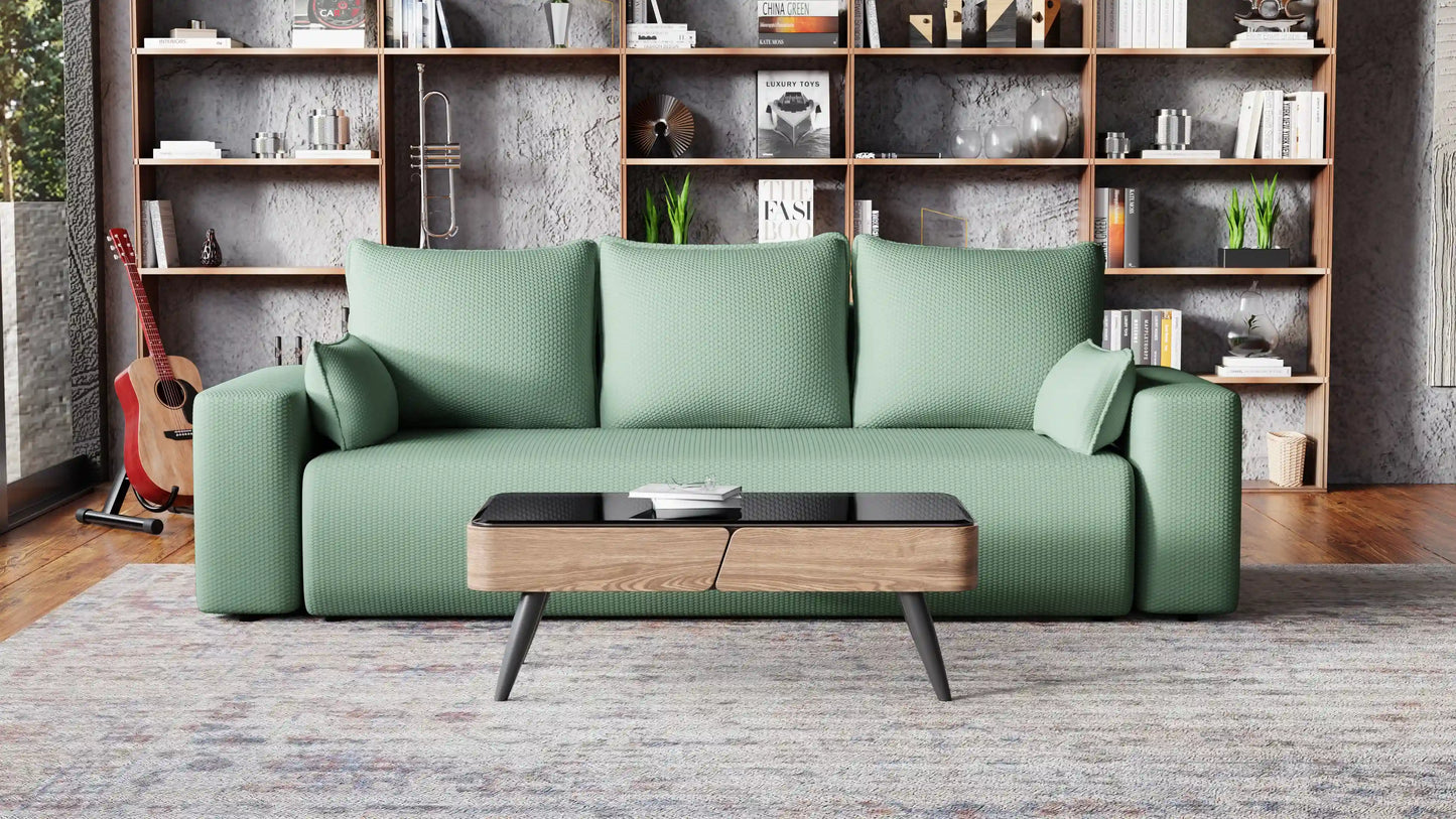 Sofa Loren 3-osobowa wolnostojąca – Onega łatwoczyszcząca, pojemnik, spanie
