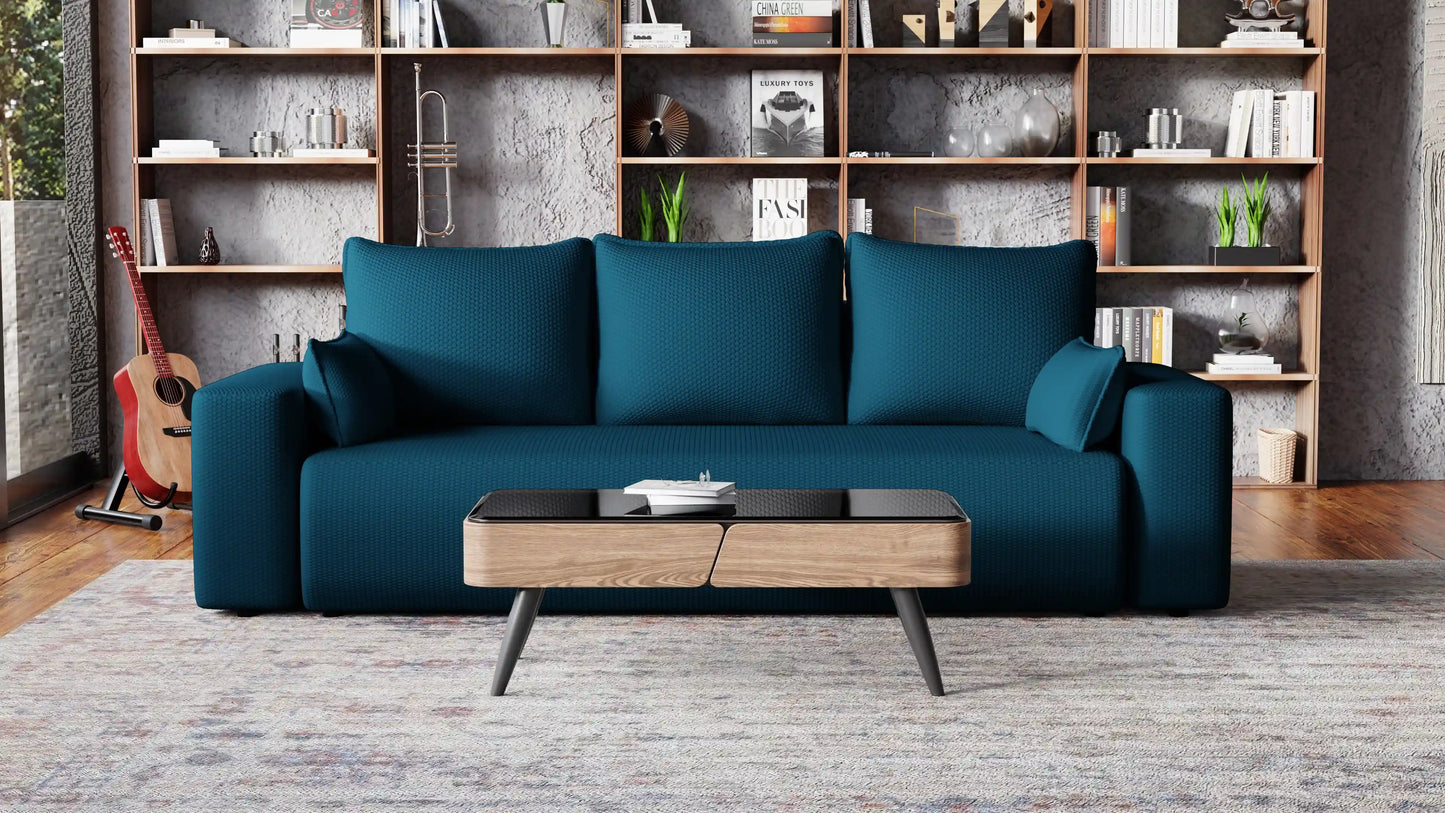 Sofa Loren 3-osobowa wolnostojąca – Onega łatwoczyszcząca, pojemnik, spanie