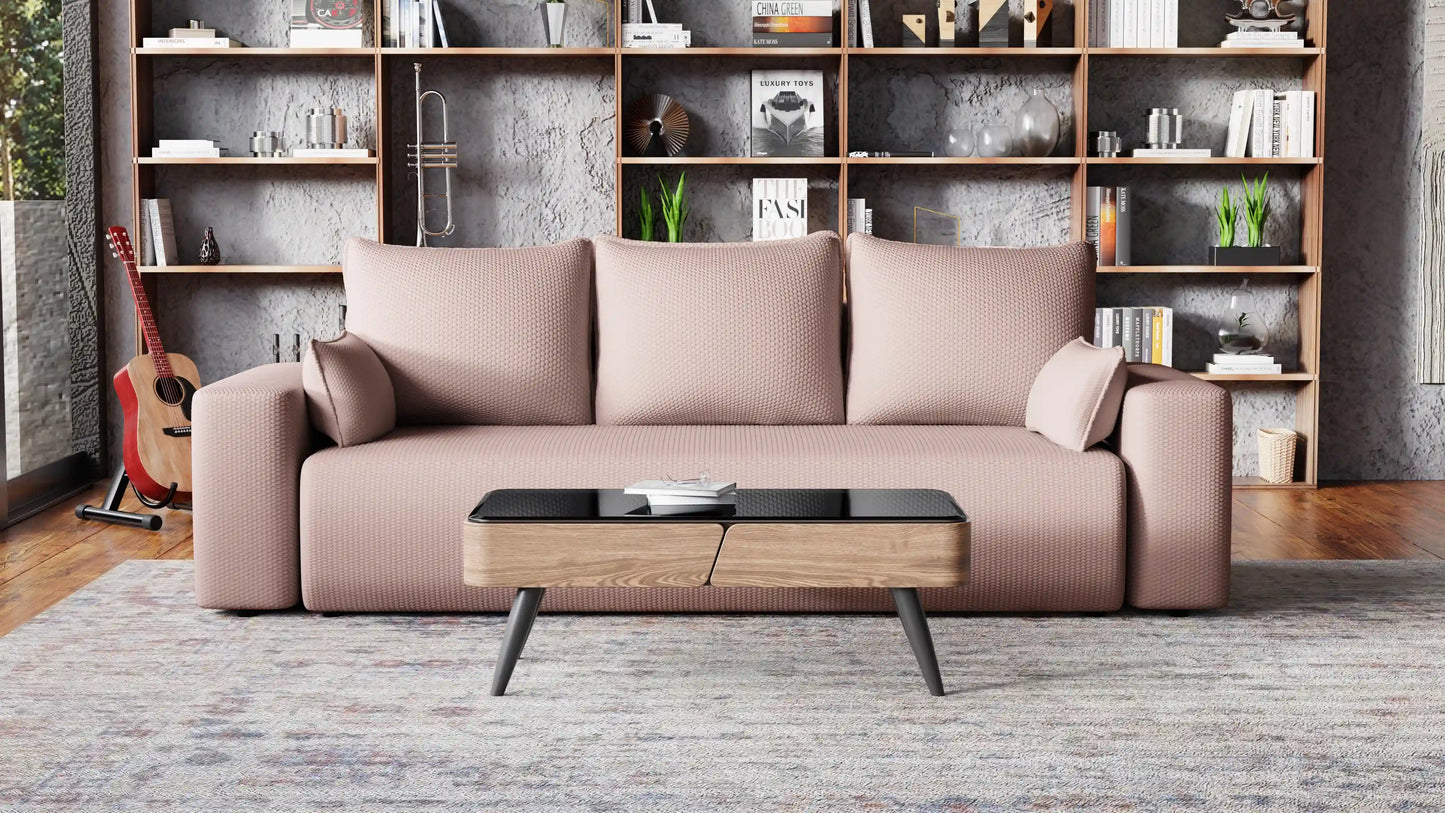 Sofa Loren 3-osobowa wolnostojąca – Onega łatwoczyszcząca, pojemnik, spanie