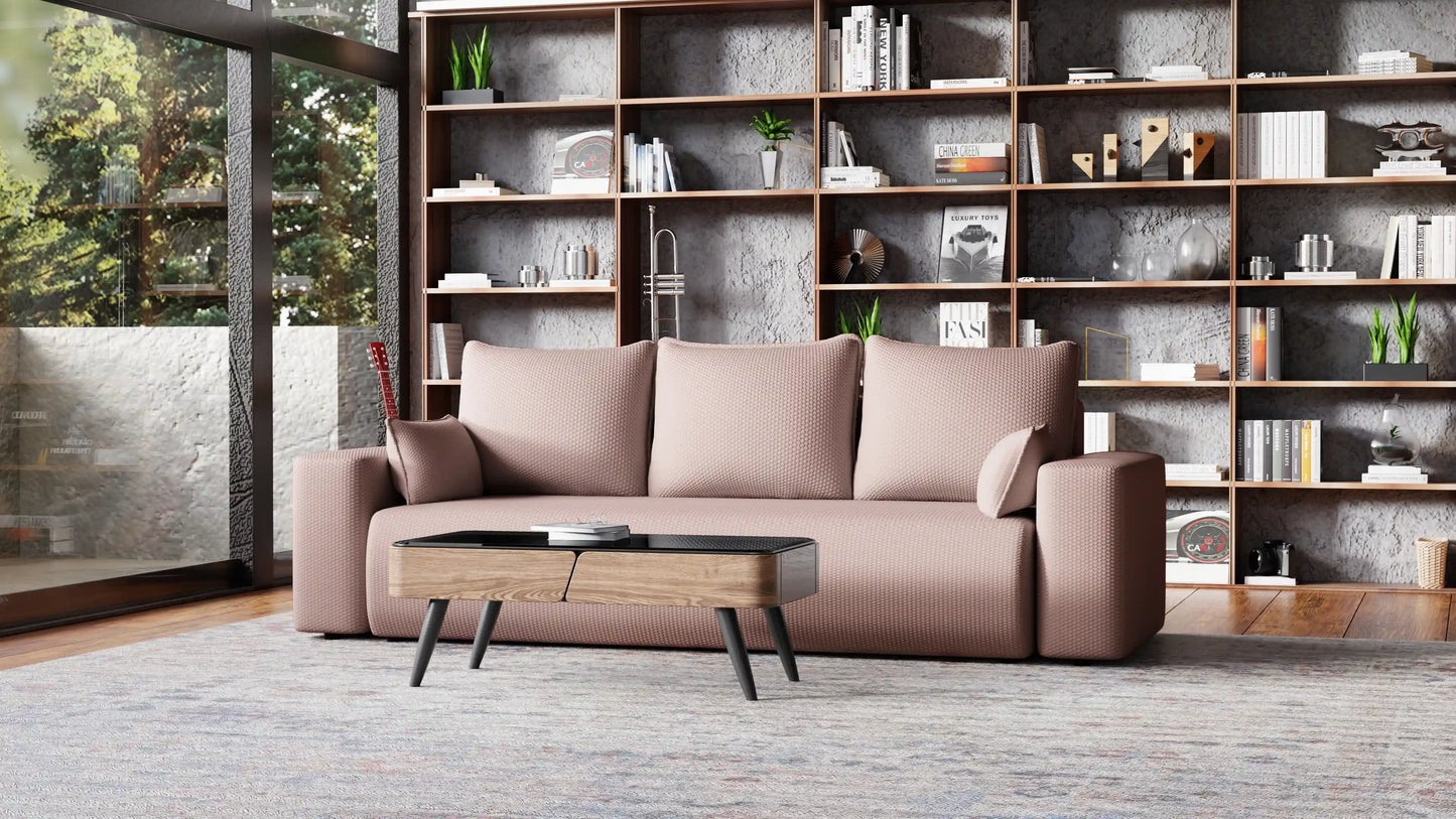 Sofa Loren 3-osobowa wolnostojąca – Onega łatwoczyszcząca, pojemnik, spanie