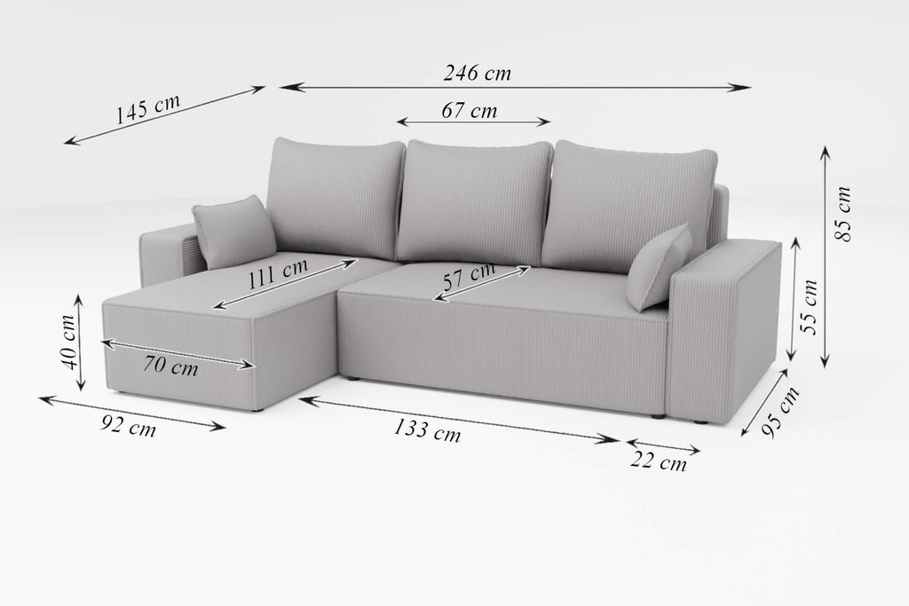 Narożnik tapicerowany NEXO – uniwersalny, z funkcją spania i pojemnikiem